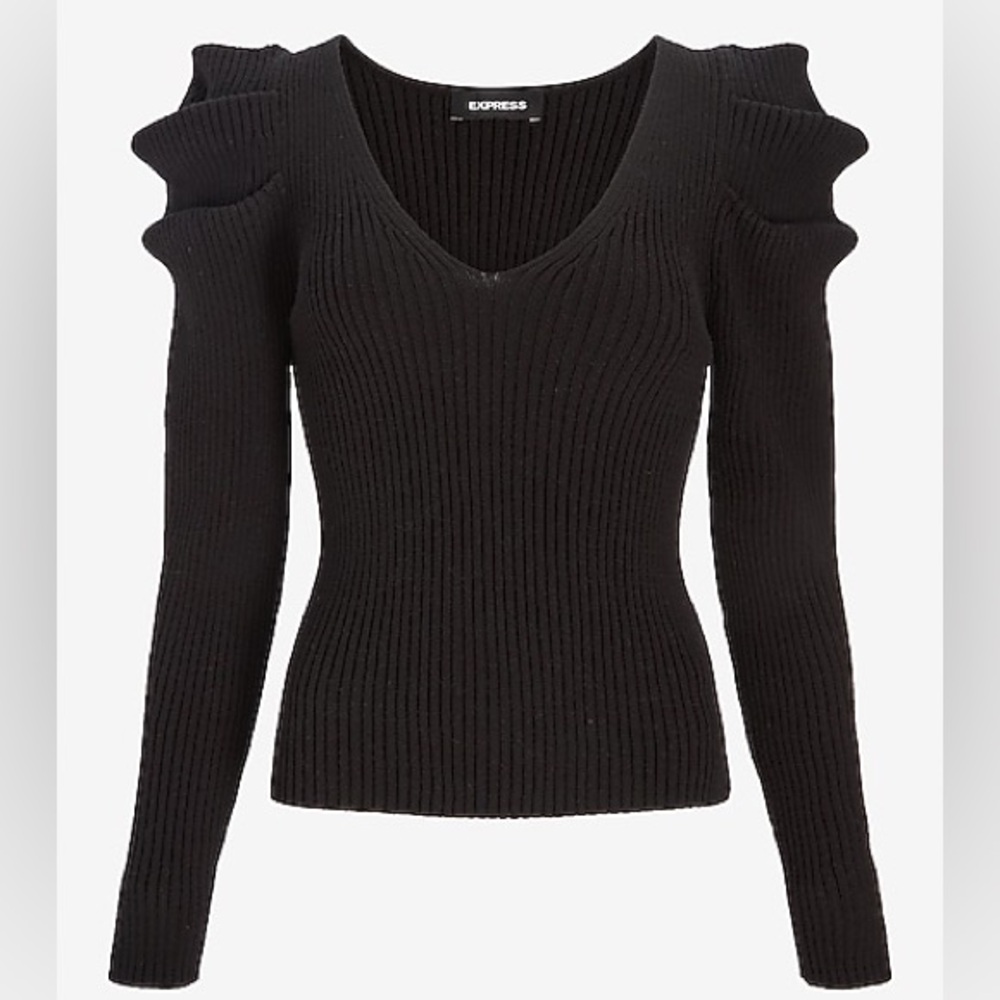 EXPRESS Chic Black Ribbed V-Neck Puff Sleeve Sweater XS